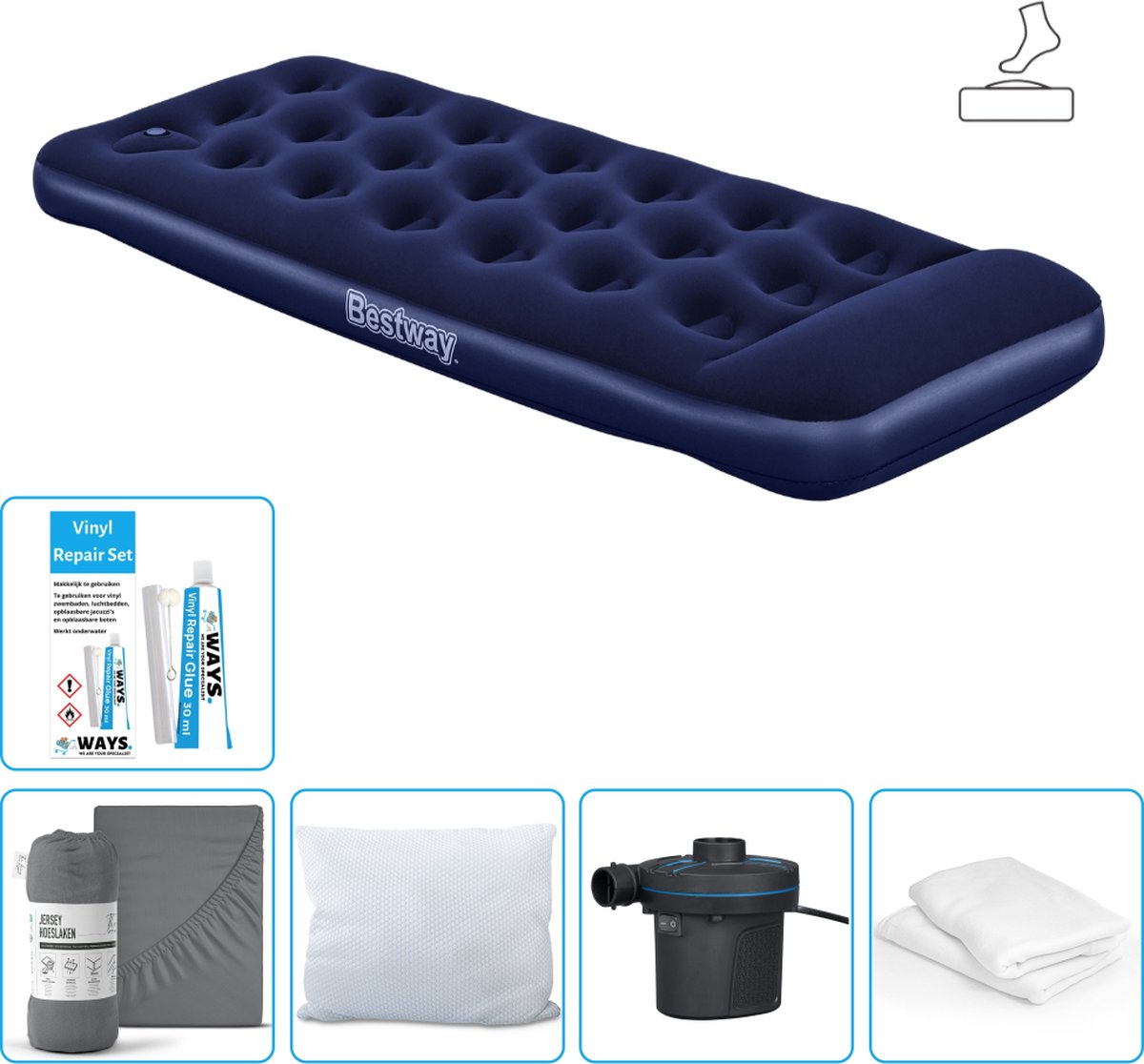 Bestway luchtbed - 1-Persoons - 76 x 185 x 28 cm - Blauw - Inclusief pomp - Hoeslaken - Kussen - Kussenbeschermer - Pomp en Reparatieset