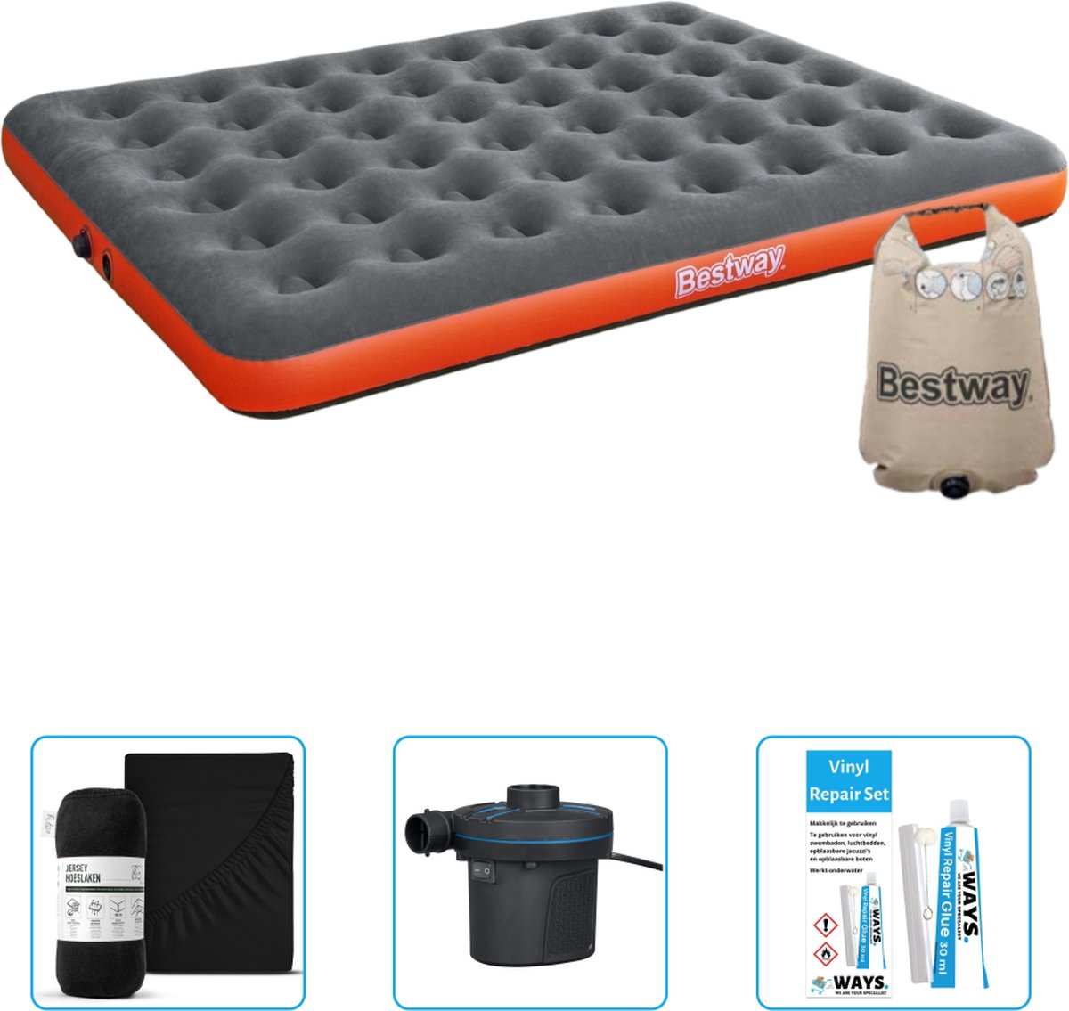 Bestway luchtbed - 2-Persoons - 152 x 203 x 22 cm - Grijs/Oranje - Inclusief Hoeslaken - Pomp en Reparatieset