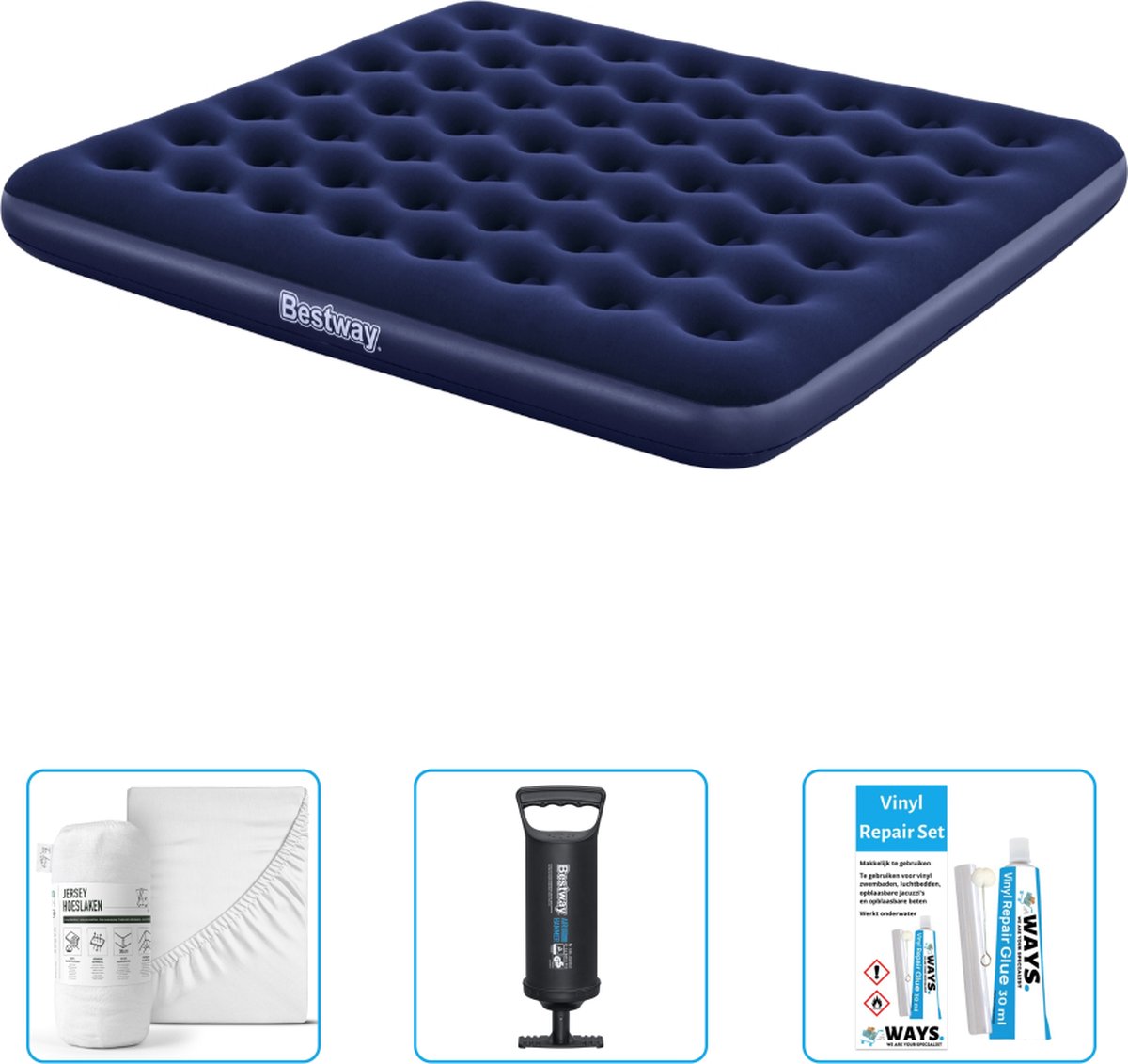 Bestway luchtbed - 2-Persoons - 183 x 203 x 22 cm - Blauw - Inclusief Hoeslaken - Pomp en Reparatieset