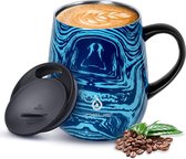 Tasse à café 470 ml (16 oz), tasse à café et à thé en acier inoxydable isolée sous vide à double paroi avec poignée antidérapante et couvercle à module coulissant et grand volume (impression bleue)