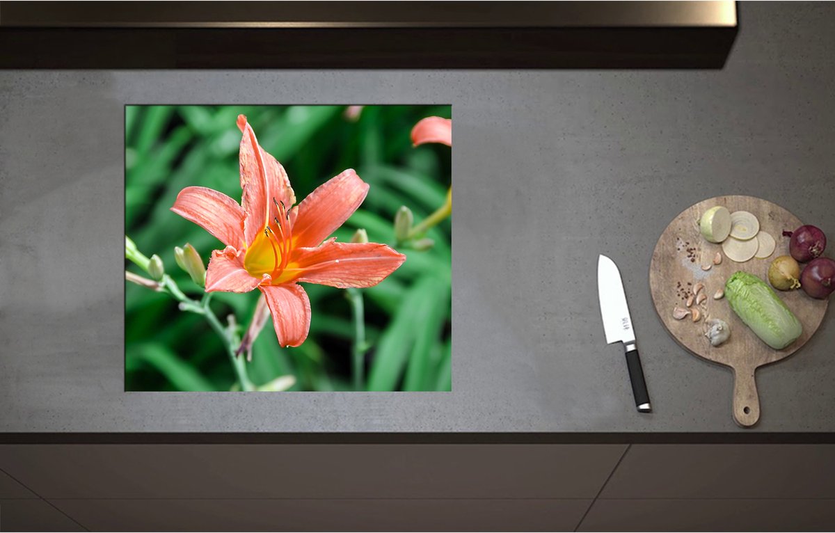 Inductieplaat Beschermer - Bloemenveld van Oranje Lelies - 59x52 cm - 2 mm Dik - Inductie Beschermer - Bescherming Inductiekookplaat - Kookplaat Beschermer van Zwart Vinyl
