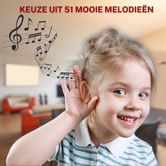 Lachend meisje met strippen t-shirt luistert met haar hand achter haar oor naar muzieknoten die uit de tekst "KEUZE UIT 51 MOOIE MELODIEËN" stromen.