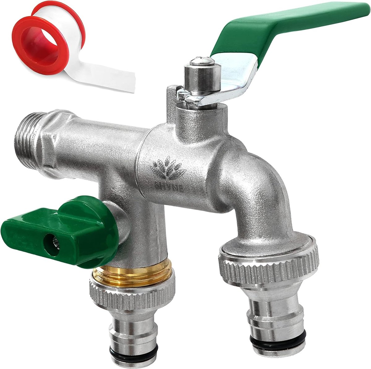 Premium 1/2 inch dubbele kraan van messing roest- en vorstbestendig + 2 x gratis slangaansluitingen + PTFE band + e-book | voor tuin, wasmachine, regenton (set van 2)