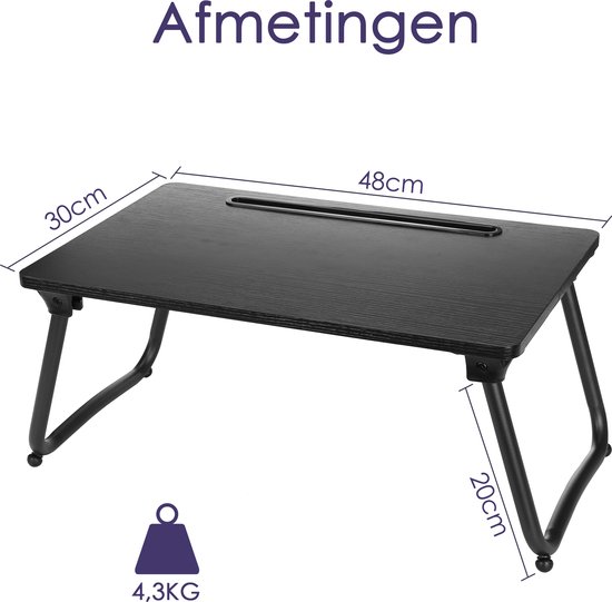 Zwart bedtafeltje met opgevouwen poten, met afmetingen: 48x30x20cm en gewicht 4,3kg.