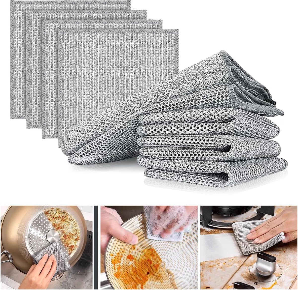 Goedkoopste Pak van 10 multifunctionele draaddoekjes voor nat en droog, gaas metalen draadreinigingsdoek, krasvrije draaddoek, dubbelzijdig gaas metalen multifunctionele draad wonderdoekjes