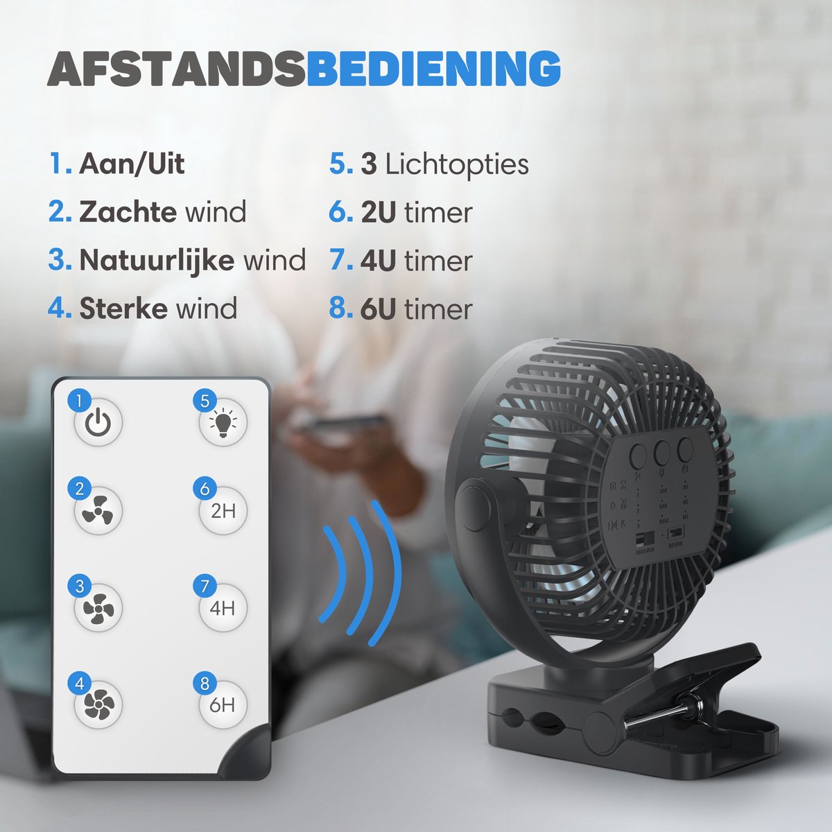 Vulpes Goods® Tech - Mini USB Ventilator PRO - Oplaadbare Tafelventilator - Stille Mini Fan met Afstandsbediening - Handventilator - Klein, Stil & Geruisloos - 3 Snelheden & Verlichting - 12000 mAh & Powerbank functie - Premium Zwart — afbeelding 9