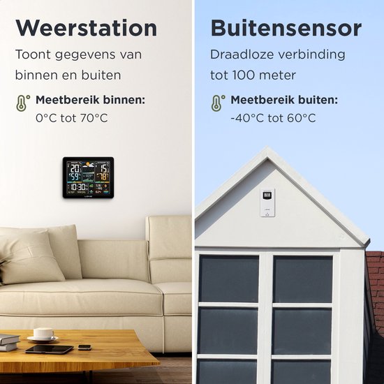 LONQ Weerstation Binnen en Buiten - 18 Functies - Draadloos Weerstation met Buitensensor - Thermometer Hygrometer - Kleurendisplay - DCF Gestuurde Klok