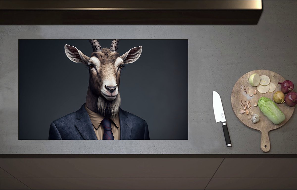 Inductieplaat Beschermer - Bok met Sik en Horens in Zakelijk Pak met Stropdas - 85x51 cm - 2 mm Dik - Inductie Beschermer - Bescherming Inductiekookplaat - Kookplaat Beschermer van Wit Vinyl