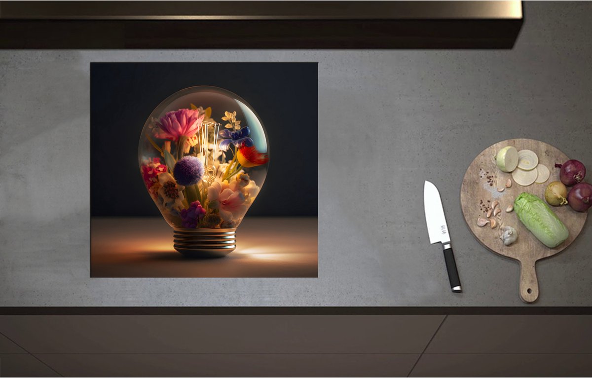 Inductieplaat Beschermer - Bloemboeket Groeiend in Lichtgevende Lamp - 58x55 cm - 2 mm Dik - Inductie Beschermer - Bescherming Inductiekookplaat - Kookplaat Beschermer van Zwart Vinyl