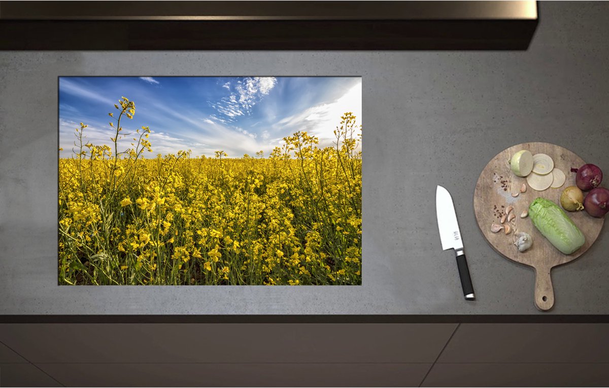 Inductieplaat Beschermer - Bloeiende Gele Bloemen op een Mooie Lentedag - 75x52 cm - 2 mm Dik - Inductie Beschermer - Bescherming Inductiekookplaat - Kookplaat Beschermer van Zwart Vinyl