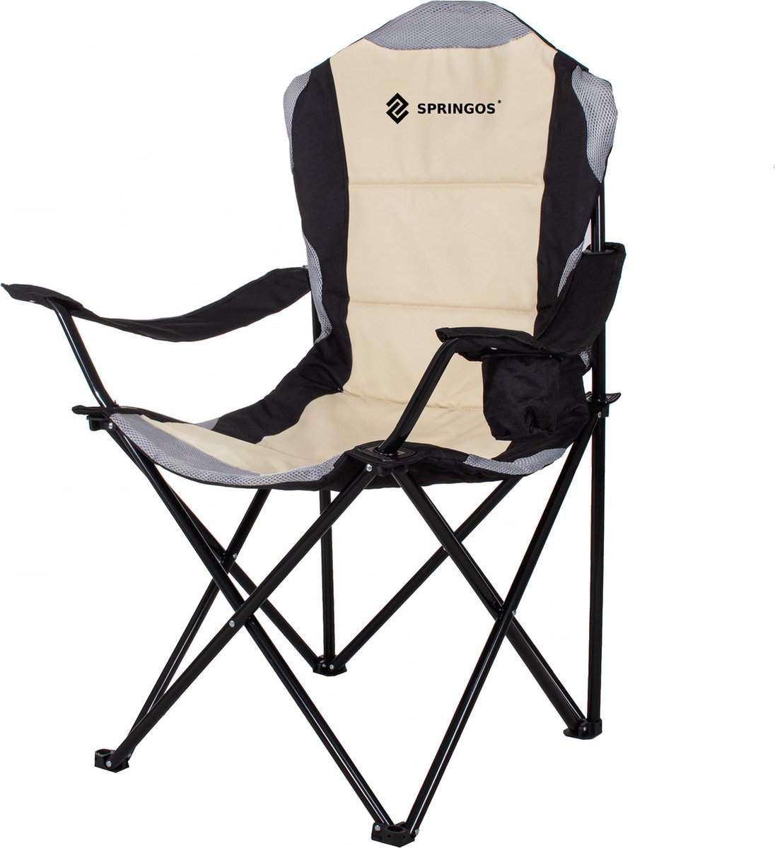 Springos Campingstoel | Kampeerstoel | Vouwstoel | Inclusief Draagtas | Zwart/ Grijs / Crème