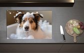 Inductieplaat Beschermer - Border collie hond in bad met zeepbubbels - 80x52 cm - 2 mm Dik - Inductie Beschermer - Bescherming Inductiekookplaat - Kookplaat Beschermer van Wit Vinyl