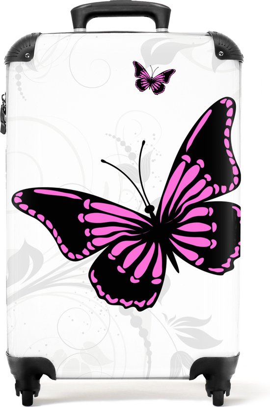 Witte koffer met grote roze en zwarte vlinderprint en bloemenpatroon. Twee vlinders, een grote en een kleine.