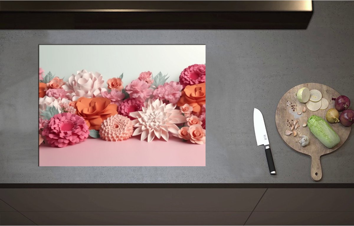 Inductieplaat Beschermer - Boeket van Papieren Bloemen - 71x52 cm - 2 mm Dik - Inductie Beschermer - Bescherming Inductiekookplaat - Kookplaat Beschermer van Wit Vinyl