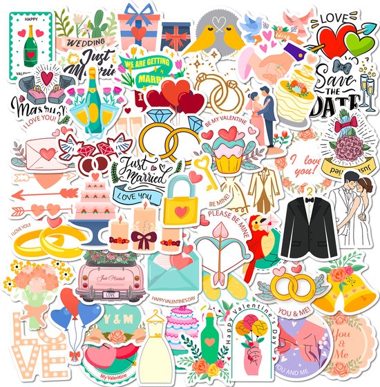 Stickers met Bruiloft, Valentijn & Liefde thema – 50 stickers voor trouwalbum, uitnodigingen, bedankjes etc.