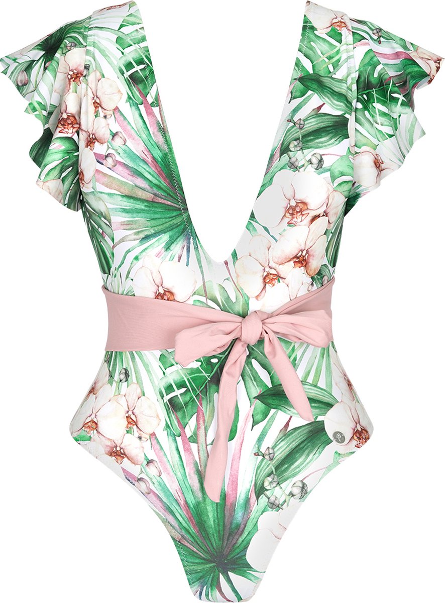 YW YEHWANG Dames Badpak Bloemen Print - Dames Badpakken - Bloemen Print - V Hals & ceintuur - Groen & Lichtroze