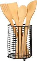 Items Keukengerei kooklepels spatels set 4-delig - bamboe - in rvs houder van 13 x 17 cm - zwart