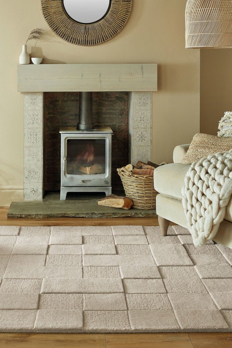 flycarpets Checkerboard Modern Laagpolig - 100% Wol Vloerkleed - Naturel / Beige - 200x290 cm Roze
