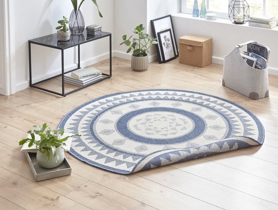 Flycarpets Omkeerbaar Vloerkleed - Binnen & Buitenkleed Jamaica Rond- Blauw / Creme - 140x140 cm