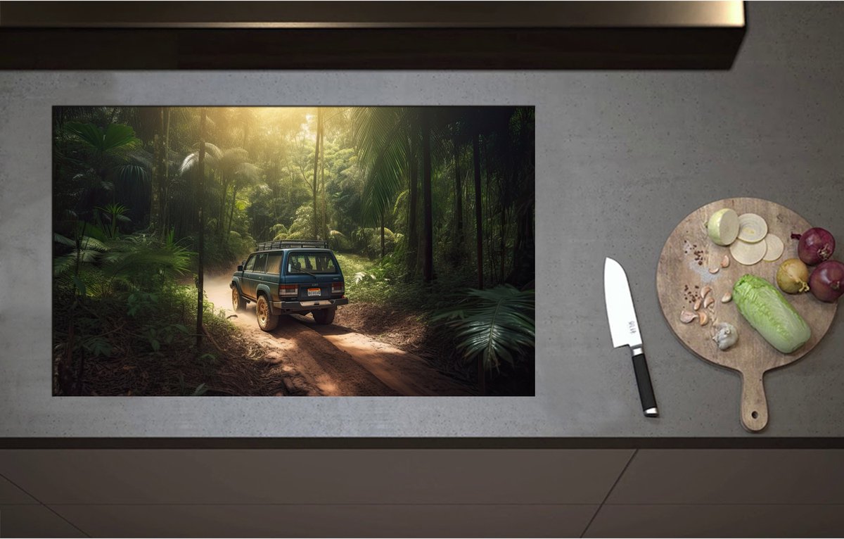 Inductieplaat Beschermer - Blauwe Truck rijdend door Wegen in de Jungle - 85x52 cm - 2 mm Dik - Inductie Beschermer - Bescherming Inductiekookplaat - Kookplaat Beschermer van Wit Vinyl