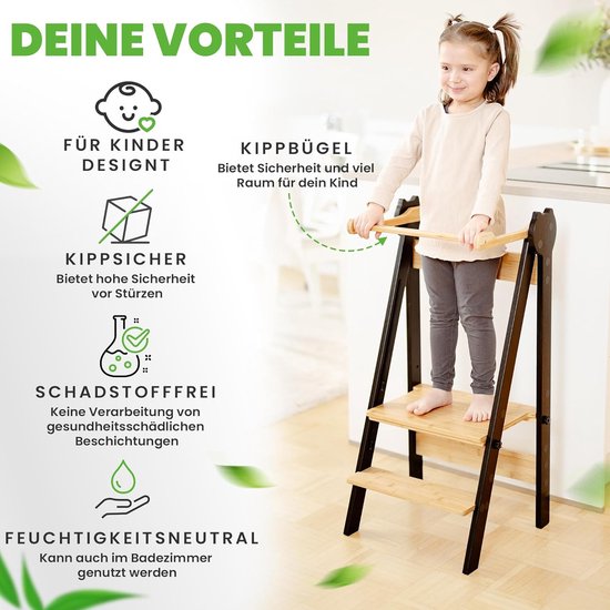 COSYLAND 3-in-1 Bamboe Leertoren voor Kinderen – Om te Vouwen tot Kinderbureau – Met Bord Keukentoren & Opstapkruk – Voor Kinderen van 18 Maanden tot 6 Jaar – Voor Keuken – Naturel