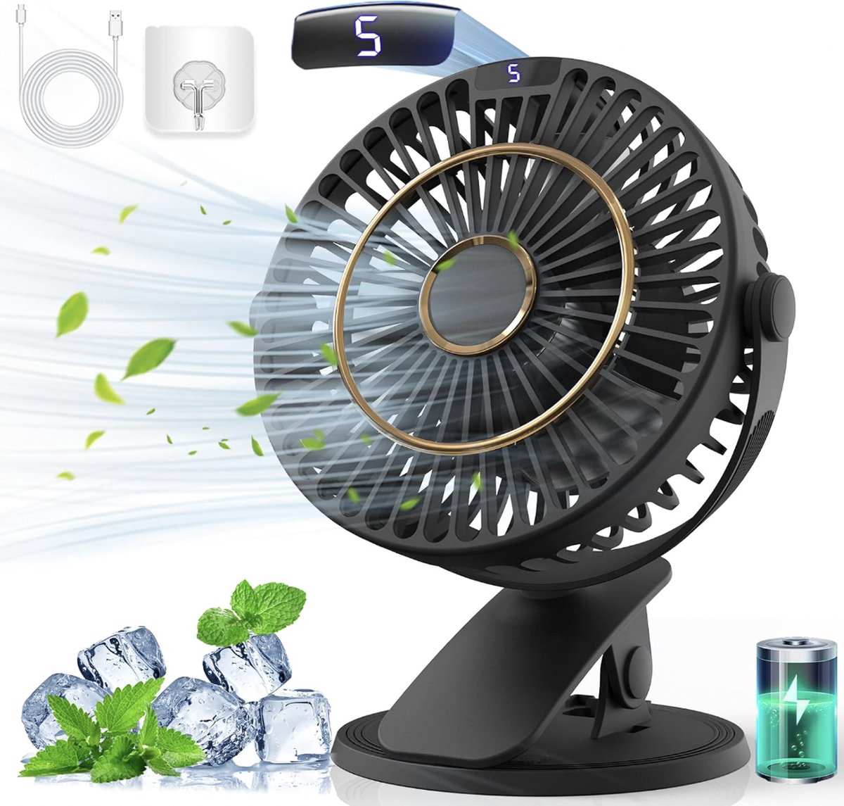 Ventilator - Bureau Ventilator - Oplaadbaar USB - 720° Rotatie - 5 Snelheden - Draagbaar - Zwart