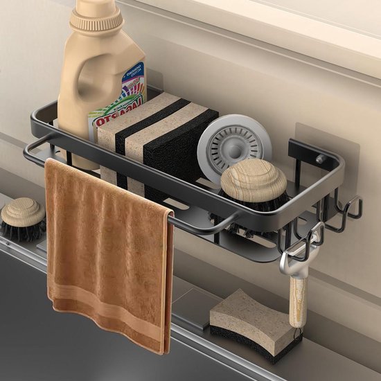 Foto: Keuken spoelbak organizer met spoeldoekhouder en haken metalen hangende keukenorganizer zwart sink organizer