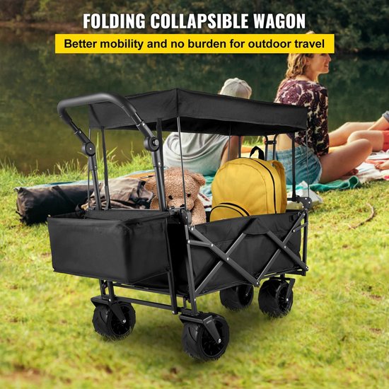 Collox Trolley - Luxe Grote Zwarte Bolderkar - Opvouwbaar Luchtbanden - Tuinkar Kindervervoer - Strandkar met Dak - 100Kg Draagvermogen - 100x55cm — afbeelding 3