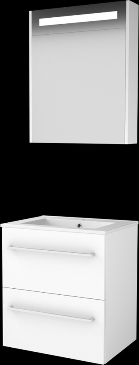 Basic Premium 46 badmeubelset met spiegelkast met geïntegreerde LED verlichting, wastafelonderkast met grepen, 2 lades en porseleinen wastafel met 1