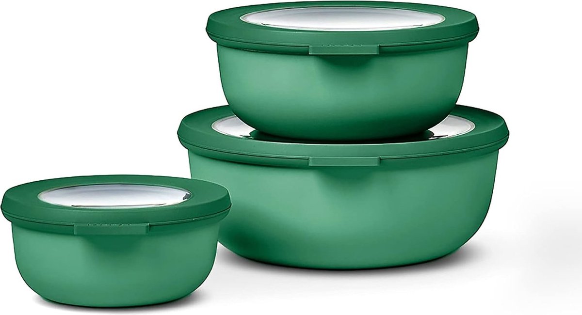 Multi-bowl ronde 3-delige set voorraadpotten met deksel – geschikt als opbergdoos, koelkast, vriezer en magnetronschalen – 350 ml, 750 ml en 1250 ml – levendig groen