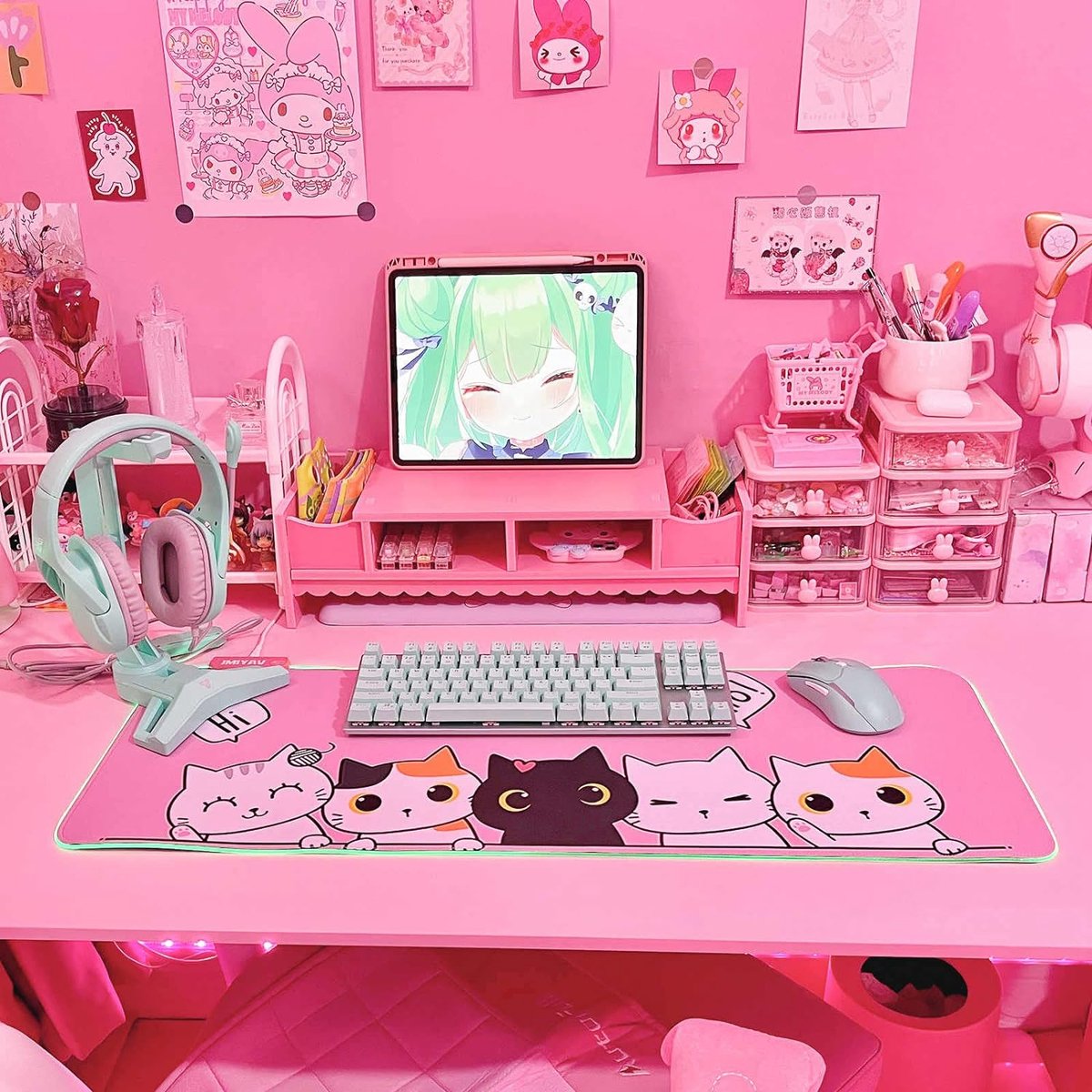 DHSBD 60 * 30Cm Muismat Schattige Cartoon Muismat Gamer Toetsenbord Mat Gaming Muismat Groot Antislip Roze 600x300x3mm