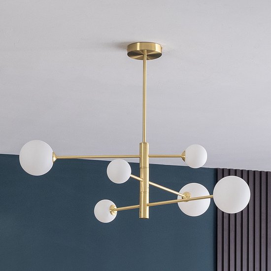 Plafonnier Design doré avec verre blanc laiteux, 6 lumières - Sest