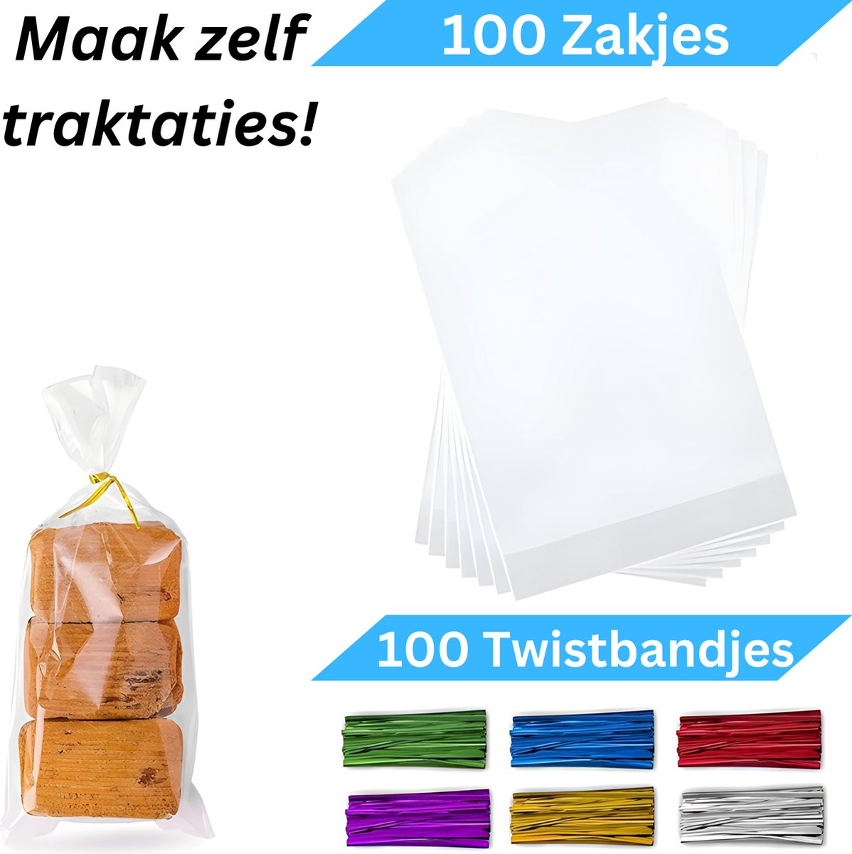 Uitdeelzakjes Transparant - 100 Stuks met Twistbandjes - Traktatie Zakjes Kinderfeestje - Snoepzakjes - Cadeauzakjes - 15 x 25 CM — afbeelding 3