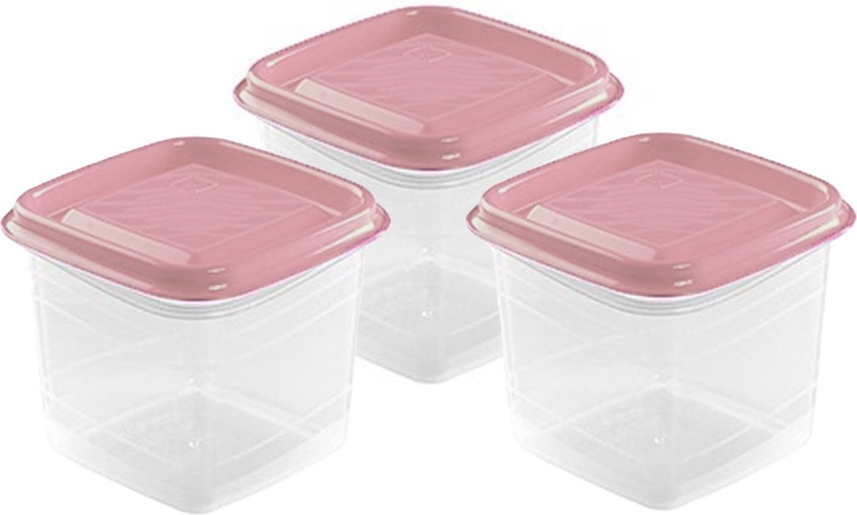 Hega Hogar Vershoudbakjes - set 3x stuks - 0.3 liter - transparant/roze - L8 x B8 x H11 cm - Mealprep - Maaltijden bewaren