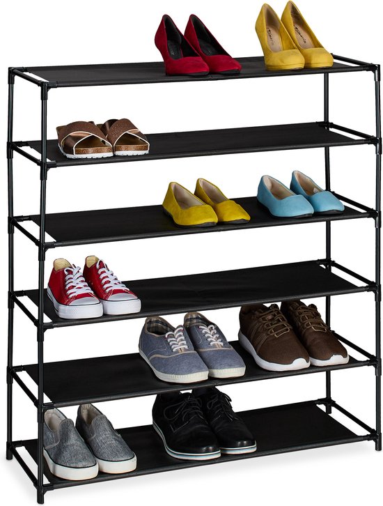 Relaxdays schoenenrek - metaal en stof - zwart opbergrek schoenen - hal - schoenenmeubel - 6 etages