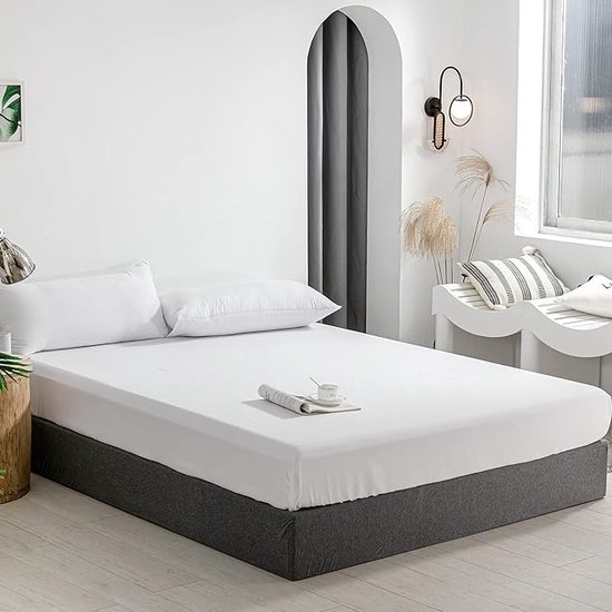 Hoeslaken, 80 x 200 x 30 cm, 100% katoen, ademend, verstelbaar, wit