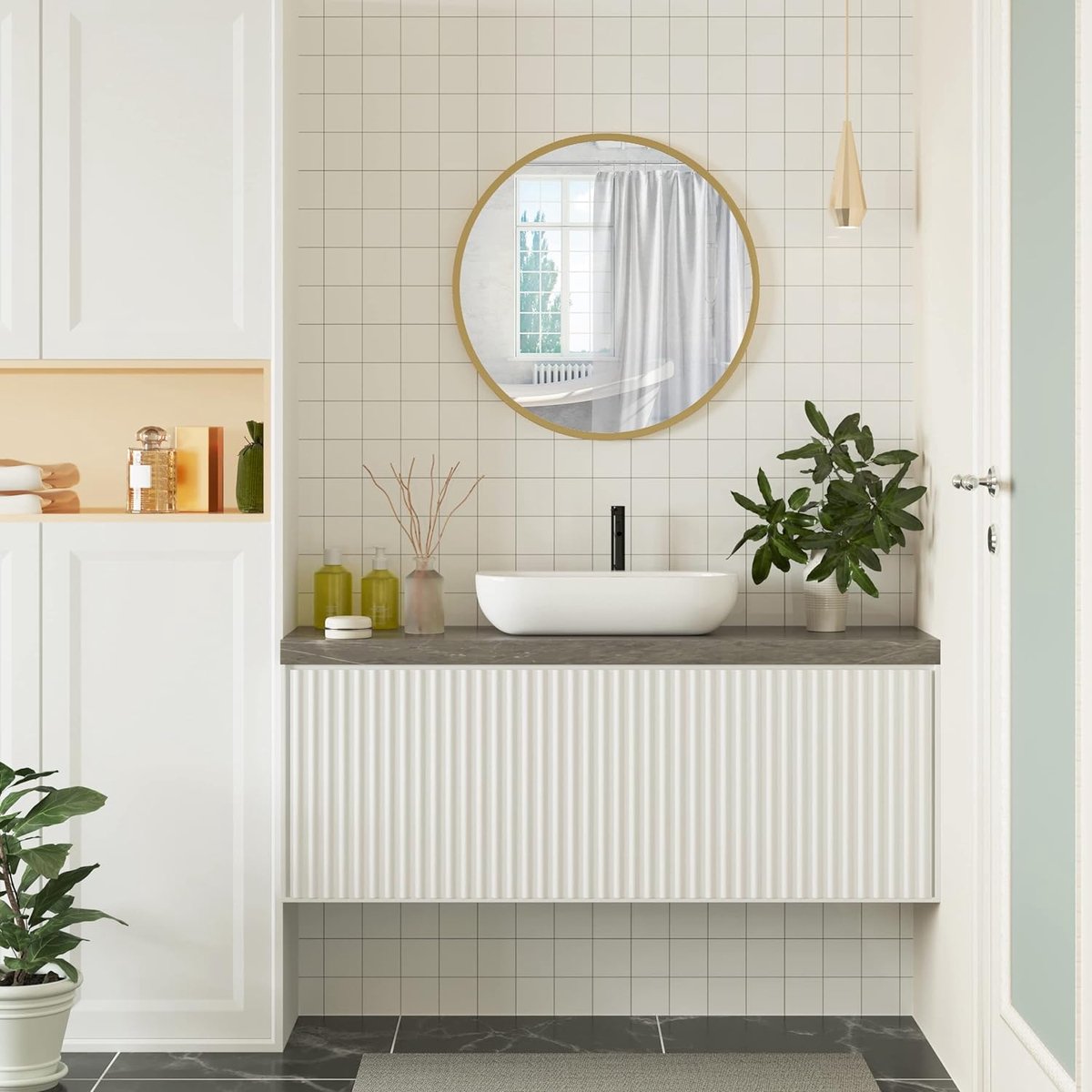 Relaxdays Ronde wandspiegel met gouden lijst, 60 cm, moderne hangspiegel voor badkamer, slaapkamer, woonkamer, hal, decoratieve make-upspiegel van glas, metaal, MDF en haken