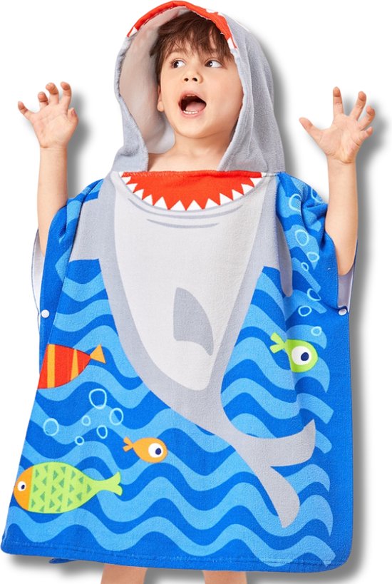 BoefieBoef Bijtende Haai Zeedieren BadPoncho - De Perfecte Microvezel Kinderhanddoek met Capuchon voor Peuters en Kleuters (1-6 jaar) - grijs rood