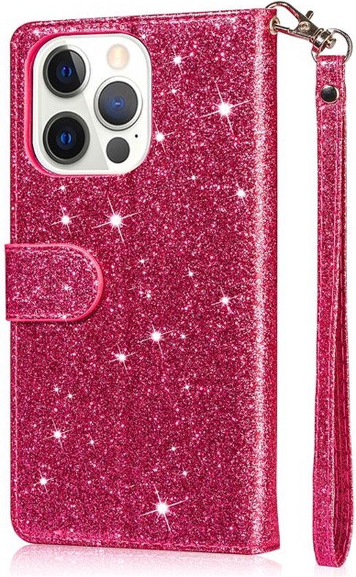 Étui Bookcase à Glitter Adapté pour : iPhone 15 Pro avec fermeture éclair - étui - étui portefeuille - Rose - ZT Accessoires