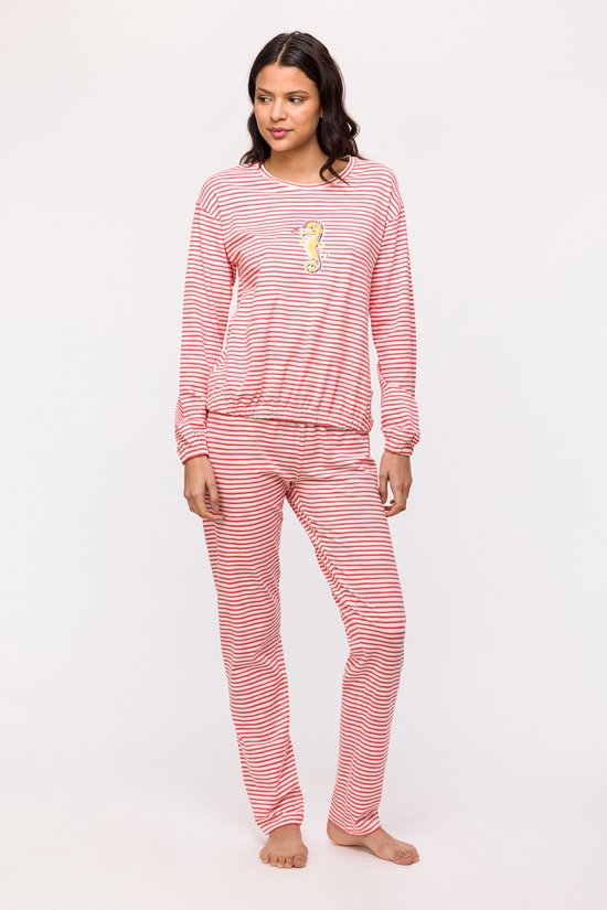 Woody pyjama meisjes/dames - koraal/wit gestreept - zeepaardje - 241-10-PZB-Z/922 - maat M