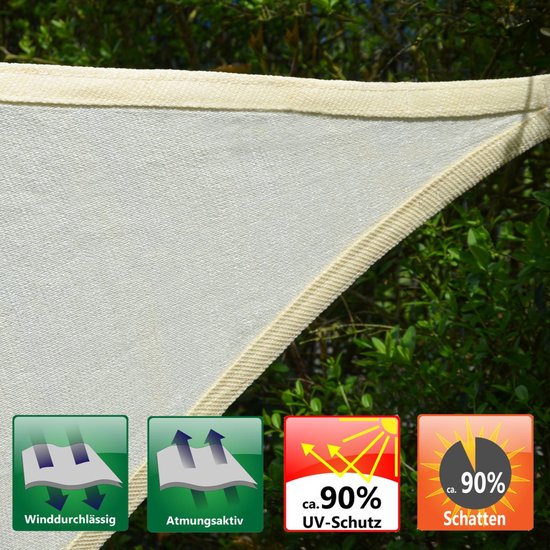 Close-up van beige zonnedoek met textuur, winddoorlatend, ademend, 90% UV-bescherming en 90% schaduw.