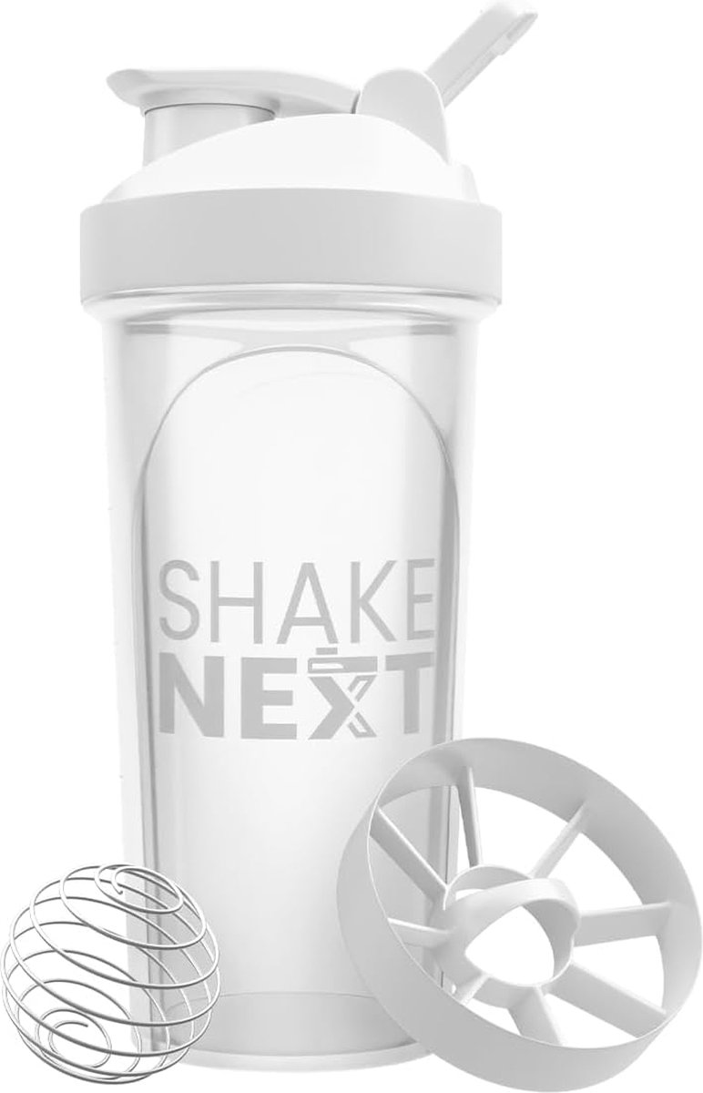 Goedkoopste Proteïneshaker, fles 700 ml, met mixball roestvrij staal mixzeef voor fitness, eiwit- en eiwitshakes, lekvrij deksel met lus, vaatwasmachinebestendig, past in bekerhouder (wit