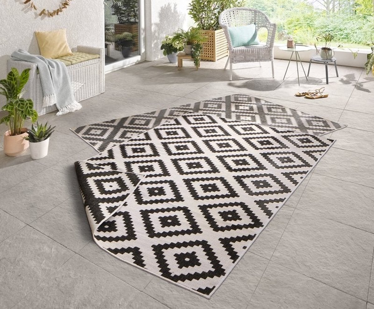 Flycarpets Omkeerbaar Vloerkleed - Binnen & Buitenkleed Malta- Zwart / Creme - 80x150 cm