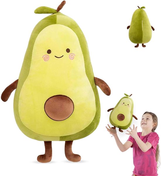 Avocado kussen, knuffeldier, 36 cm, pluche dier, avocado-kussen, kussen van pluche met avocado, speelgoedkussen, groene avocado, fruitkussen, knuffeldieren, cadeau voor kinderen en volwassenen