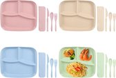Set van 4 platte borden, gedeelde borden met onderverdeling, 3 vakken, herbruikbaar, campingborden, diepe dieetborden voor volwassenen en kinderen, lichte borden (25 x 22,5 x 3 cm)