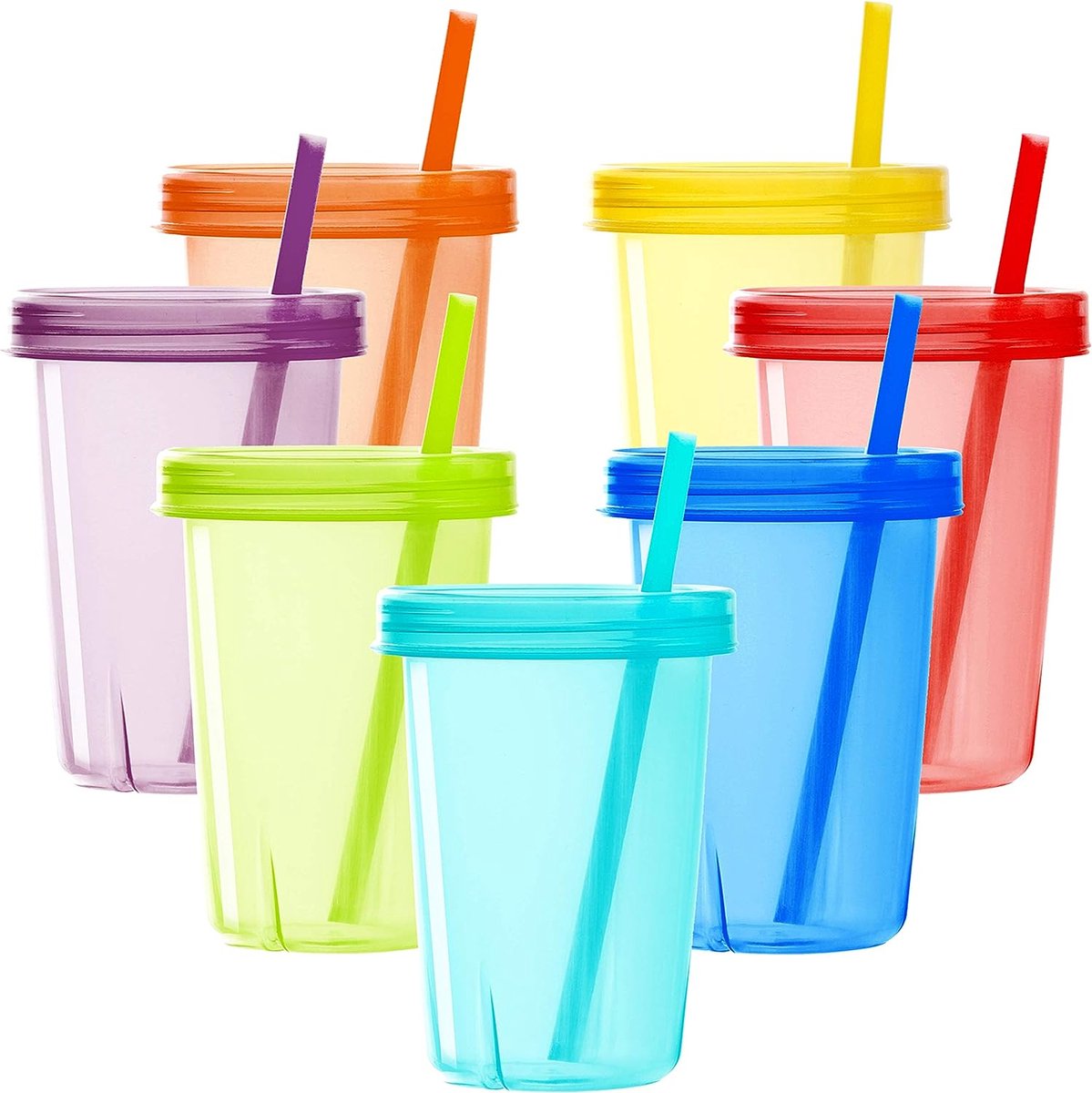 Image of 7-pack kinderbekers met rietje, 7 herbruikbare kunststof peuterbekers met deksel rietje in 7 verschillende kleuren