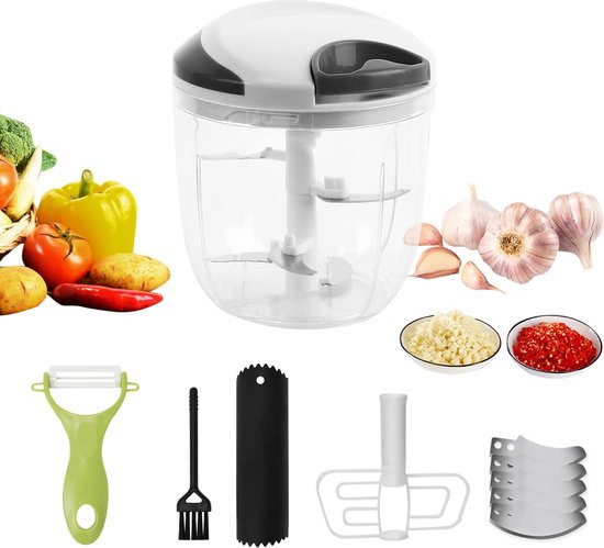 Handmatige hakmolen 900 ml uiensnijder, handmatige mini-hakmolen met 5 roestvrijstalen messen, handmatige blender, voor uien, knoflook, vlees, groenten, fruit