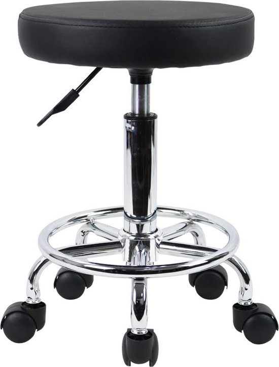 lederen ronde rolkruk met voetsteun draaibaar hoogteverstelling spa opstellen salon tattoo werk kantoor massage krukken taak stoel klein (Zwart)