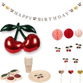 Konges Sløjd Happy Birthday kit - Bekers, ballon, slinger, servetten, taarttopper, pompon - Cherry