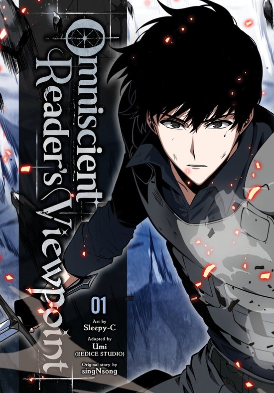 Omniscient Reader's Viewpoint 01: Anime jongen met zwart haar, donkere kleding en een harnas, met rode vlekken op de achtergrond.